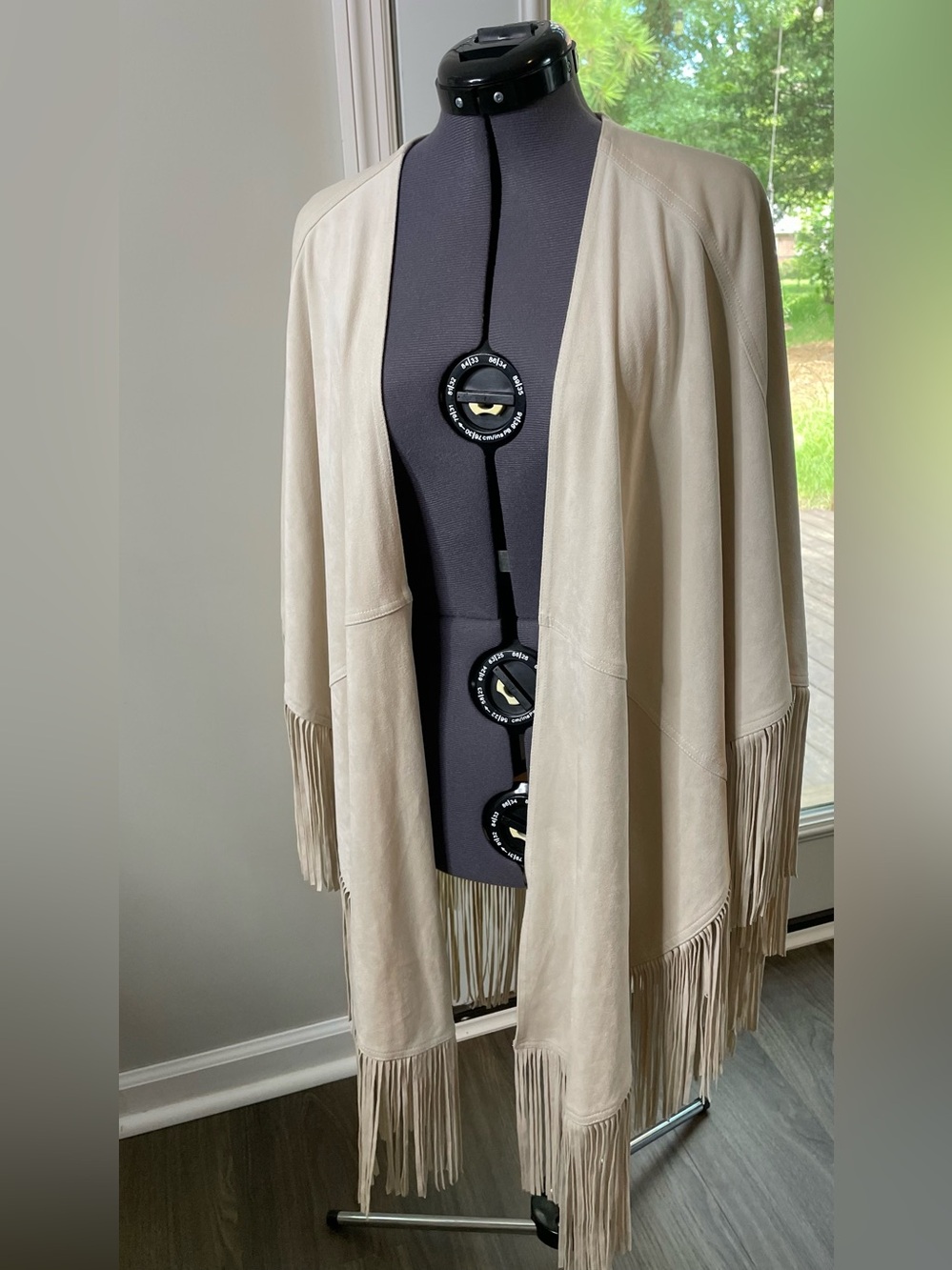 Fringed open-front poncho style faux suede shawl wrap, Cream color, Size OS